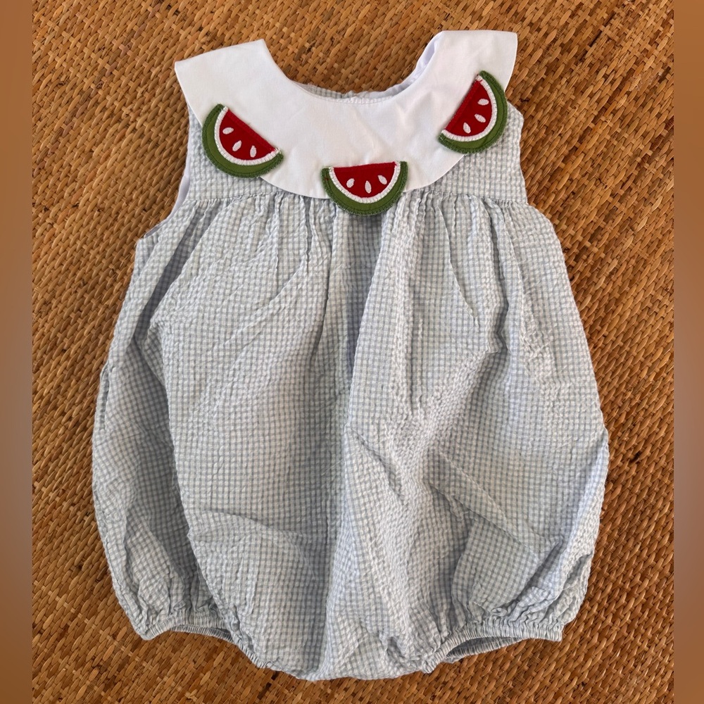 Little English Light Blue Seersucker Watermelon Bubble One-Piece